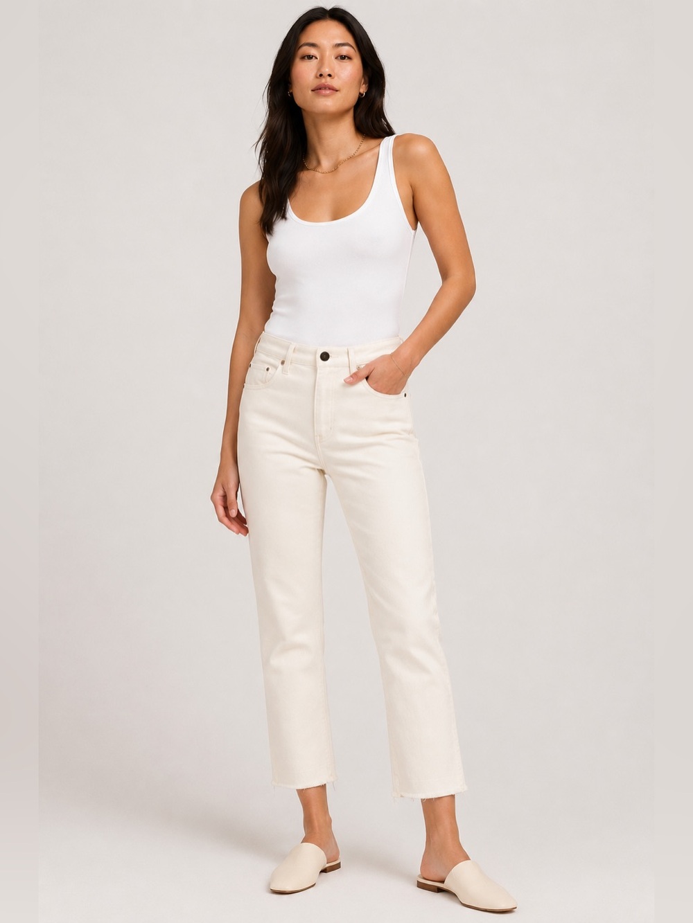 KHAITE Alissa Cropped Slim Straight Jeans Cream Raw Hem Size 25